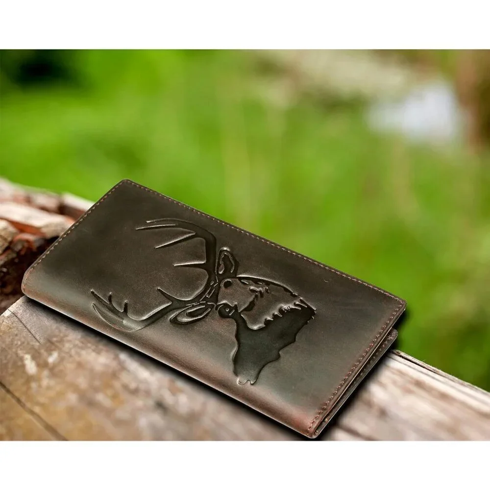 🆕Men Black Long Wallet Grain Leather Rfid Blocking Bifold Deer Wallet, Coffee